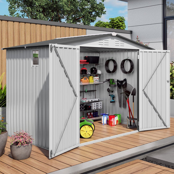 English Elm 8x6 Ft Galvanized Steel Outdoor Storage Shed with Pitched Roof Window and Lockable Door W3213P309388