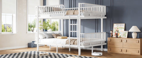 English Elm Queen Over Metal Bunk Bed Convertible Platform Frame with Safety Guardrails Light White W5305S00064