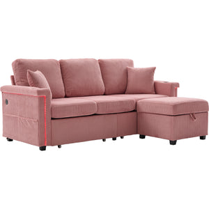 English Elm UNITED Corduroy L-Shaped Sectional Sofa with Storage Ottoman, USB Ports, Cup Holders & LED Lighting Pink W1568P332401
