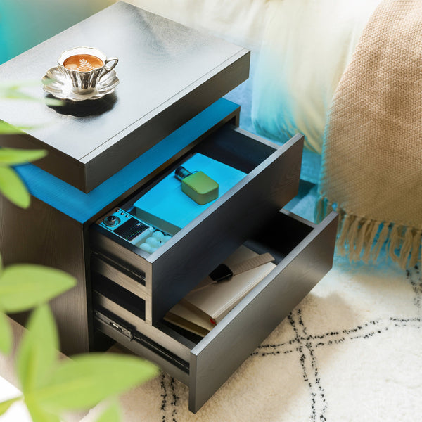 English Elm Nightstand with Multi-Color Adjustable LED Lights and Two Drawers for Bedroom or Living Room Use Black Woodgrain 22.83 L x 16.93 W x 7.68 H W2178P287898