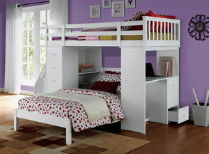 English Elm Freya Twin Loft Bed with White Finish, Bookcase Ladder, Desk & 5-Drawer Storage — Durable, Safe Design B2726S00228