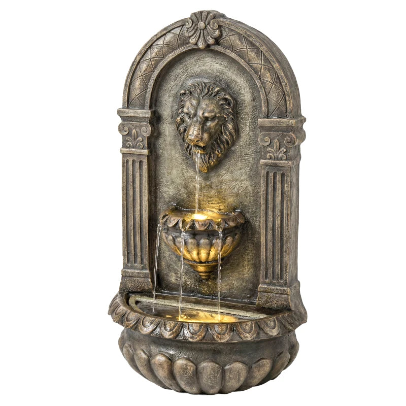 English Elm Outdoor Lion Head Wall Fountain Three Tier Cascading Resin with Led Ambiance T3971P476446
