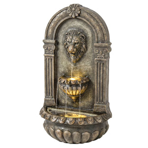 English Elm Outdoor Lion Head Wall Fountain Three Tier Cascading Resin with Led Ambiance T3971P476446