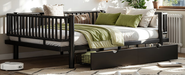 English Elm Full Size Metal Platform Storage Bed Low Profile Steel Frame with Built-in Drawers Black W5305P471350