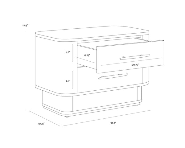Sunpan EZEKIEL Nightstand - Chic Maple Burl Veneer with Soft-Close Drawers and Brushed Gold Accents 112139