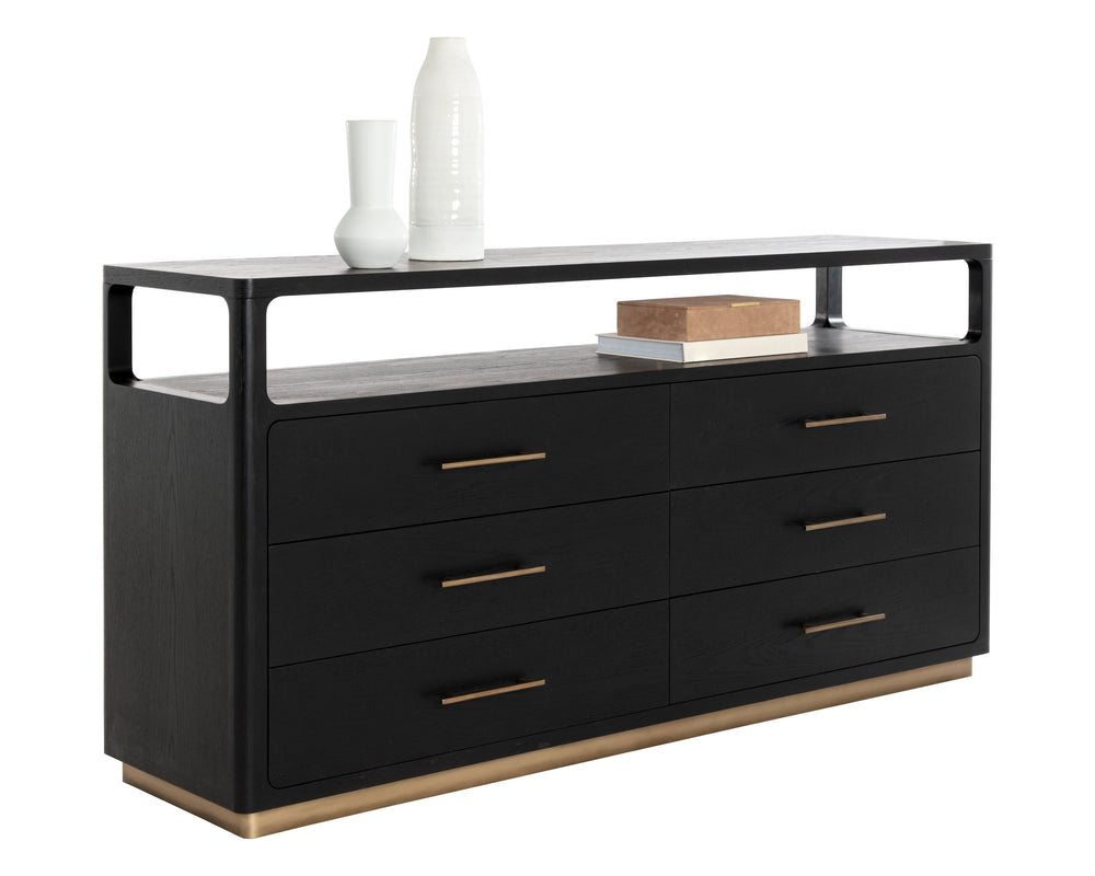 Sunpan Danette Dresser - Minimalist Black Oak Design With Brass Hardware & Open Top Shelf For Decor Display Black Wood 111771