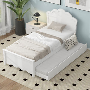 English Elm Twin Solid Wood Platform Bed with Headboard & Pull-Out Trundle, White Finish, Sturdy Pine/MDF Design GX000389AAK