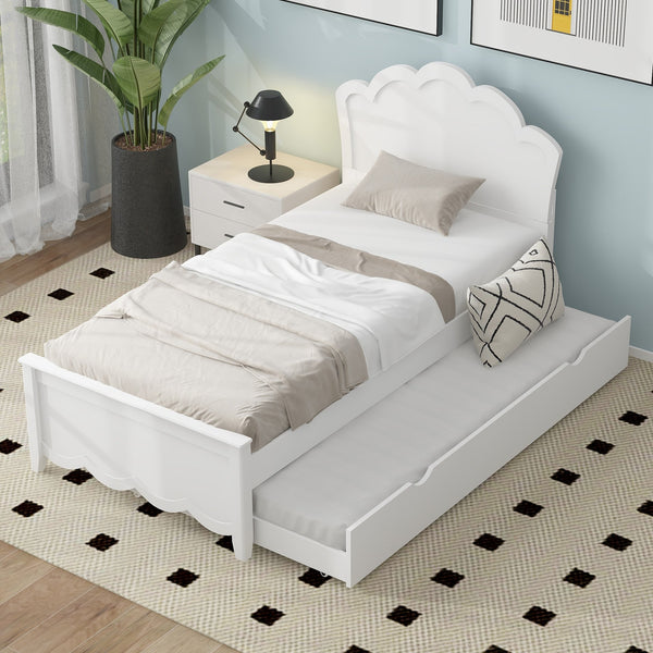 English Elm Twin Solid Wood Platform Bed with Headboard & Pull-Out Trundle, White Finish, Sturdy Pine/MDF Design GX000389AAK
