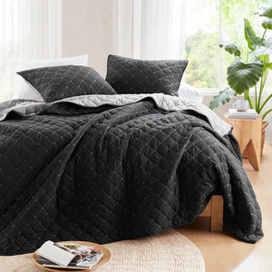 JLA Home Madison Park - 7 Piece Stripe Comforter and Quilt Set Coastal-Boho King Bedding with Plush Microfiber, Textured Coverlet, Wrinkle-Resistant Black MP10-8487