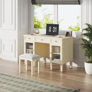 English Elm 2-in-1 Vanity Desk with Flip Mirror and Ample Storage — White Oak Dressing Table & Workstation N844P292487E