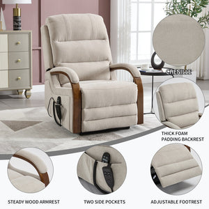 English Elm Power Lift Recliner Chair Chenille Upholstery Dual Motor Heat Massage Solid Wood Arms Beige W1803S00077