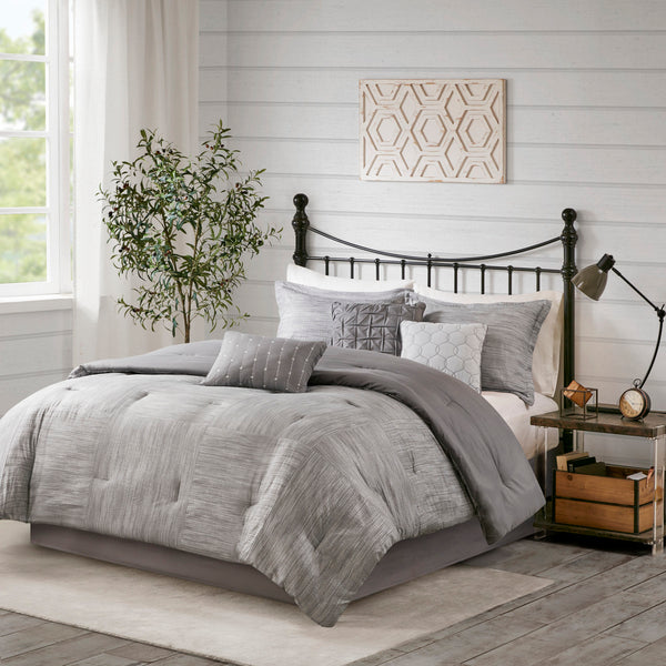 English Elm 7 Piece Printed Seersucker Comforter Set - Modern Grey Ensemble For Queen Bed With Decorative Pillows B03597114