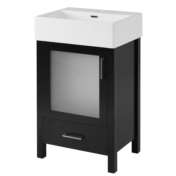 English Elm 20-Inch modern bathroom vanity with ceramic sink, soft-close door and ample storage for small spaces Black WF324691AAB