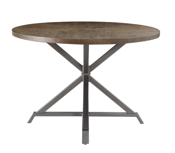 English Elm Industrial Round Dining Table 45" Dia Burnished Herringbone Pine Top with Gray Metal Frame Rustic Charm B011P199728