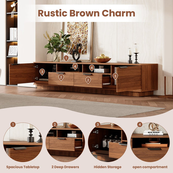 English Elm 78 Inch Walnut Media Console with Slatted Doors Solid Wood Legs and Cable Management N710P374714P