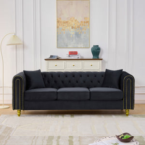 English Elm 86" Chesterfield Velvet Three Seat Sofa Button Tufted Rolled Arms Gold Legs Living Room Black W3373S00078
