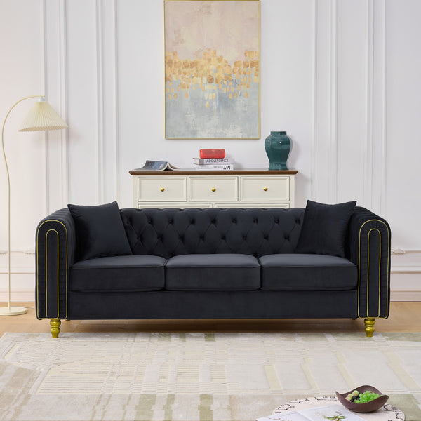 English Elm 86" Chesterfield Velvet Three Seat Sofa Button Tufted Rolled Arms Gold Legs Living Room Black W3373S00078