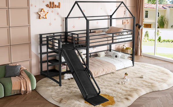 English Elm Twin House Bunk Bed with Slide Storage Stairs and Safety Rails for Kids Rooms W1580S00648