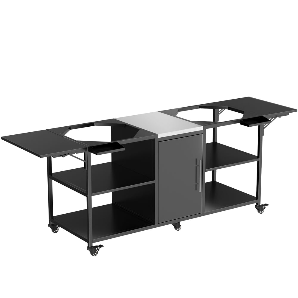 English Elm Outdoor Dual Kamado Grill Cart with Stainless Steel Top Iron Frame and Storage Cabinet W3190P328545