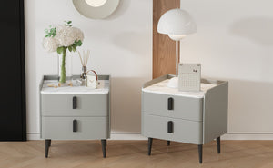 English Elm Nightstands with Marble-Pattern Top and Raised Guard, 2-Drawer Modern Bedside Tables for Storage Elegance Gray 23.4 L x 18.5 W x 9.06 H N733S332142E