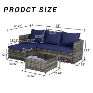 English Elm 2 Piece Outdoor Rattan Sectional Set with Ottoman and Glass Top Coffee Table Dark Blue W874P264741