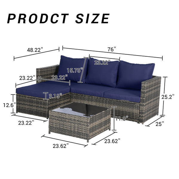 English Elm 2 Piece Outdoor Rattan Sectional Set with Ottoman and Glass Top Coffee Table Dark Blue W874P264741