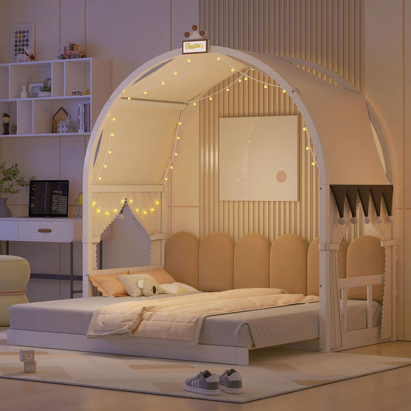 English Elm Twin Pinewood Ground-Level Canopy Bed with Arched Roof and Trundle for Kids—Whimsical, Sturdy Design White N820P181648K