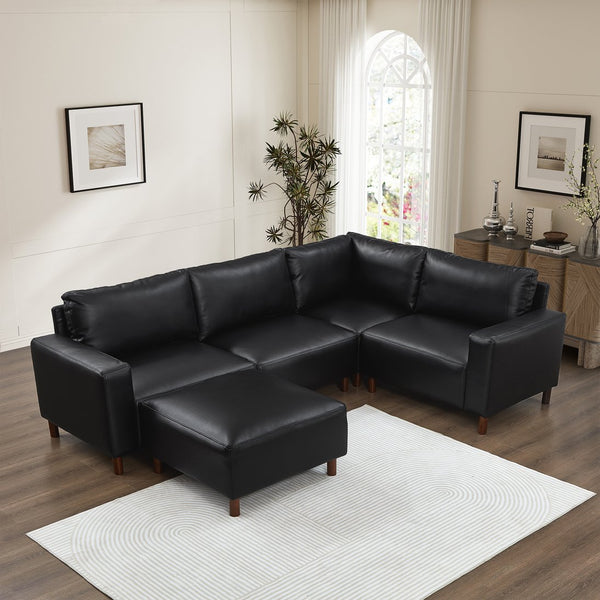 English Elm Modern Five Piece Modular Sectional with Ottoman Pu Leather Living Room Sofa Set Black W1097S00267