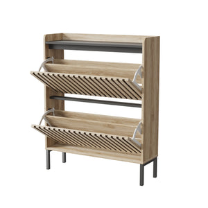 English Elm Fluted,2 Teak & Black Flip Shoe Cabinet with Fenced-Element Doors, Compact Multi-Layer Entryway Storage Solution W2673P209455