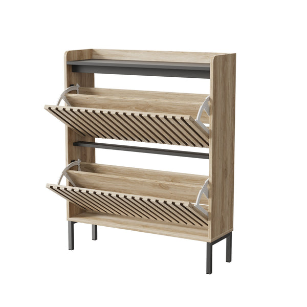 English Elm Fluted,2 Teak & Black Flip Shoe Cabinet with Fenced-Element Doors, Compact Multi-Layer Entryway Storage Solution W2673P209455