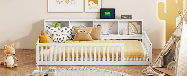 English Elm Wood Twin XL Floor Bed with Built-In Storage Cabinets, USB Charging Ports, Space-Saving Design White N709P205811K