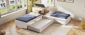 English Elm L-shaped Twin Platform Bed Set with Trundle Drawers and Center Table in Beige Linen GX000531AAA