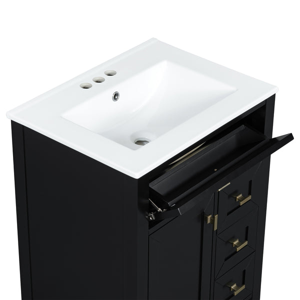 English Elm "24'' 24 Inch Glossy Freestanding Bathroom Vanity with Gold Hardware and Soft Close Storage Black Rubberwood N725P448529B