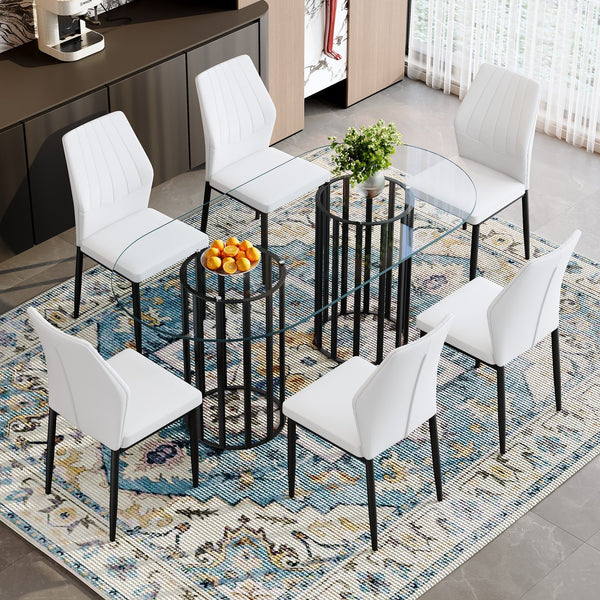 English Elm Table Set Oval Tempered Glass Top with Six Shell Back Pu Chairs Modern Dining Room W1151S04757