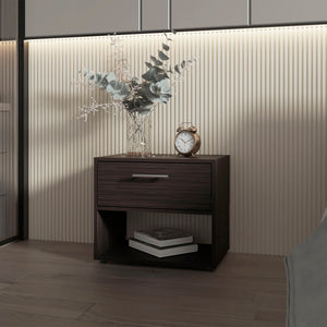 English Elm FM Round Rock Nightstand Stained Walnut with Drawer & Open Shelf, Modern Compact Bedroom Storage B128P283300