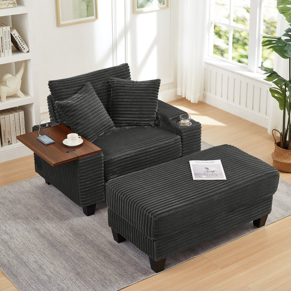 English Elm Fluffy Corduroy Single Sofa with Ottoman Bluetooth Speaker Usb Port and Rotating Tray W3705P476390