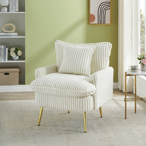 English Elm 30.31 Modern Corduroy Single Chair Sofa with Sponge Cushion, Solid Wood Frame & White Metal Legs Beige W1278P360531