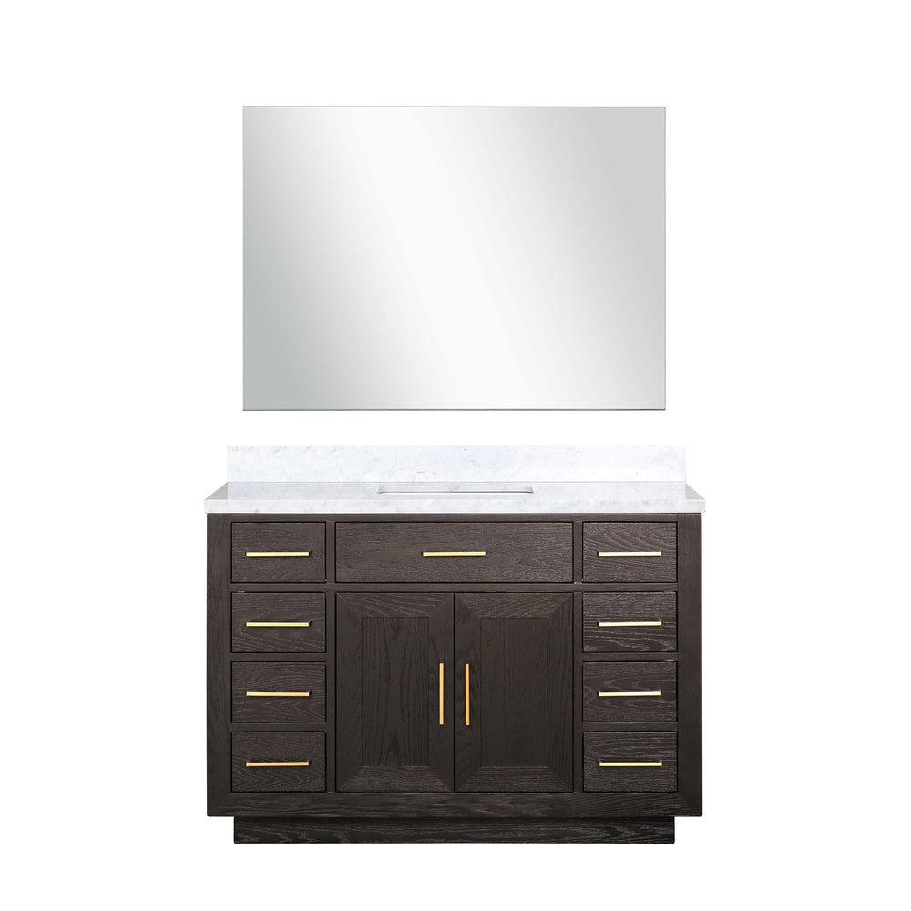 English Elm Brown Oak Single Bath Vanity Set With Carrara Marble Top & 46" Frameless Mirror For Elegant Spaces B2731S01401