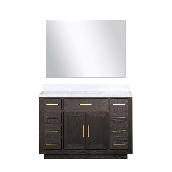 English Elm Brown Oak Single Bath Vanity Set With Carrara Marble Top & 46" Frameless Mirror For Elegant Spaces B2731S01401