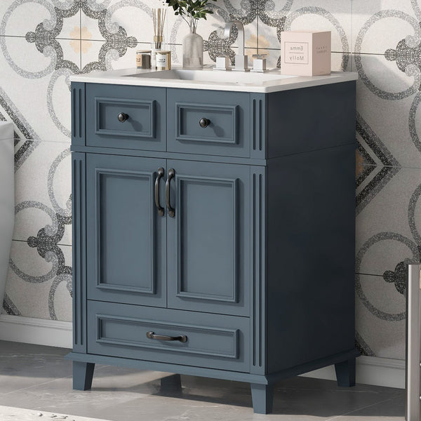 English Elm 24'' Retro Bathroom Vanity Solid Rubberwood Frame Ceramic Sink Soft Close Storage Blue N710P405405C