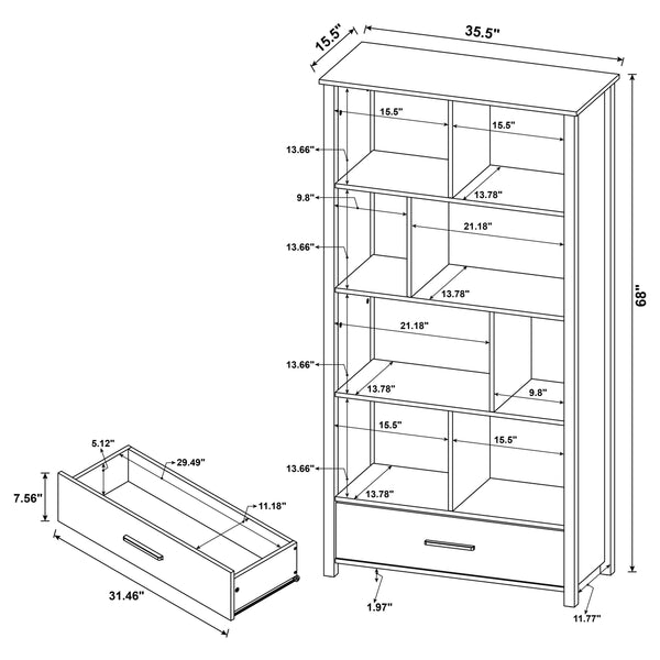 English Elm Dylan White High Gloss 4-Shelf Bookshelf with Curved Glass Top, Bottom Drawer & Sleek Modern Storage cabinetry B062P344933