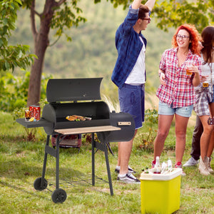 English Elm Outsunny Steel Offset Smoker Charcoal Grill Combo with Wheels and Dual Shelves W2225P174290