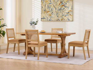 English Elm Farmhouse Rattan Back Dining Chairs Set of 2 with Linen Seat and Hardwood Legs Tan W1143P452937