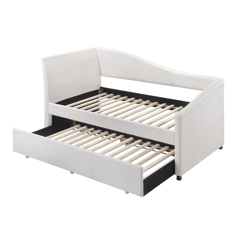 English Elm White Twin Upholstered Daybed Trundle Set with Sloped Panels, 28-Slat No-Box Spring Design, Wheelable Trundle B062S00475