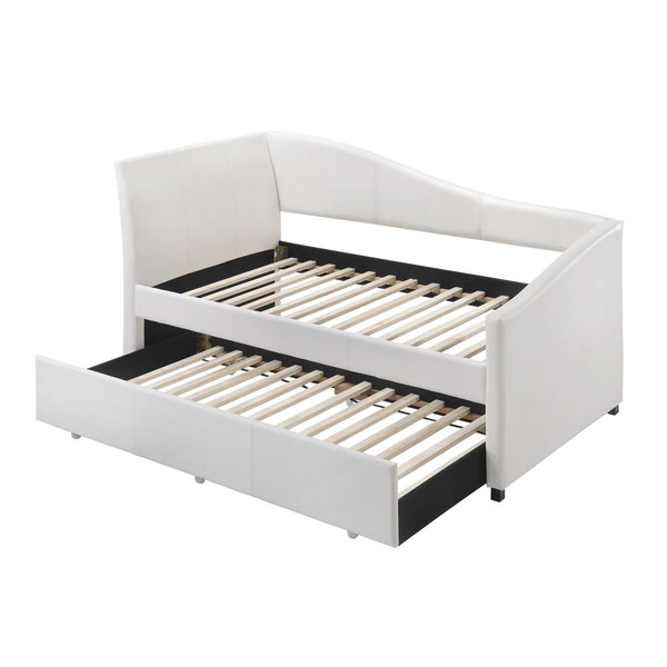 English Elm White Twin Upholstered Daybed Trundle Set with Sloped Panels, 28-Slat No-Box Spring Design, Wheelable Trundle B062S00475