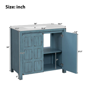 English Elm 36" Bathroom Vanity Organizer with Ceramic Sink, Solid Wood Distressed Finish, Hand-Painted Charm and Ample Storage Retro Blue N729P255666C