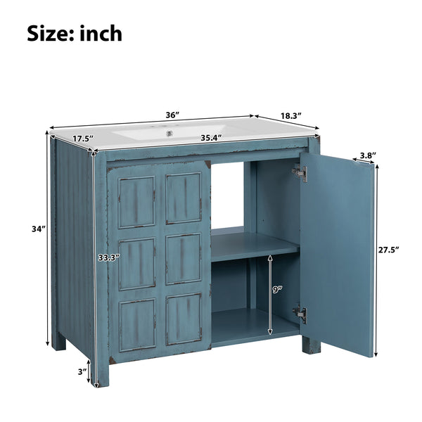 English Elm 36" Bathroom Vanity Organizer with Ceramic Sink, Solid Wood Distressed Finish, Hand-Painted Charm and Ample Storage Retro Blue N729P255666C