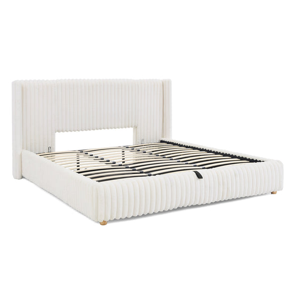 English Elm King Corduroy Upholstered Storage Bed Hydraulic Lift Ribbed Plush Cream Platform W1413S00182
