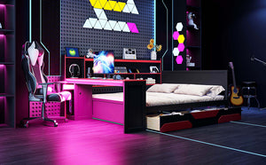 English Elm Queen Gaming Bed Frame with Desk Led Lighting Storage Drawers and Bookcase Headboard Black+Red LP000290AAJ