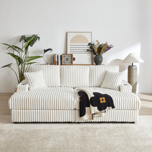 English Elm 84inch Corduroy Deep Seat Three Person Sofa with Storage Ottomans for Living Room Beige W834S00565
